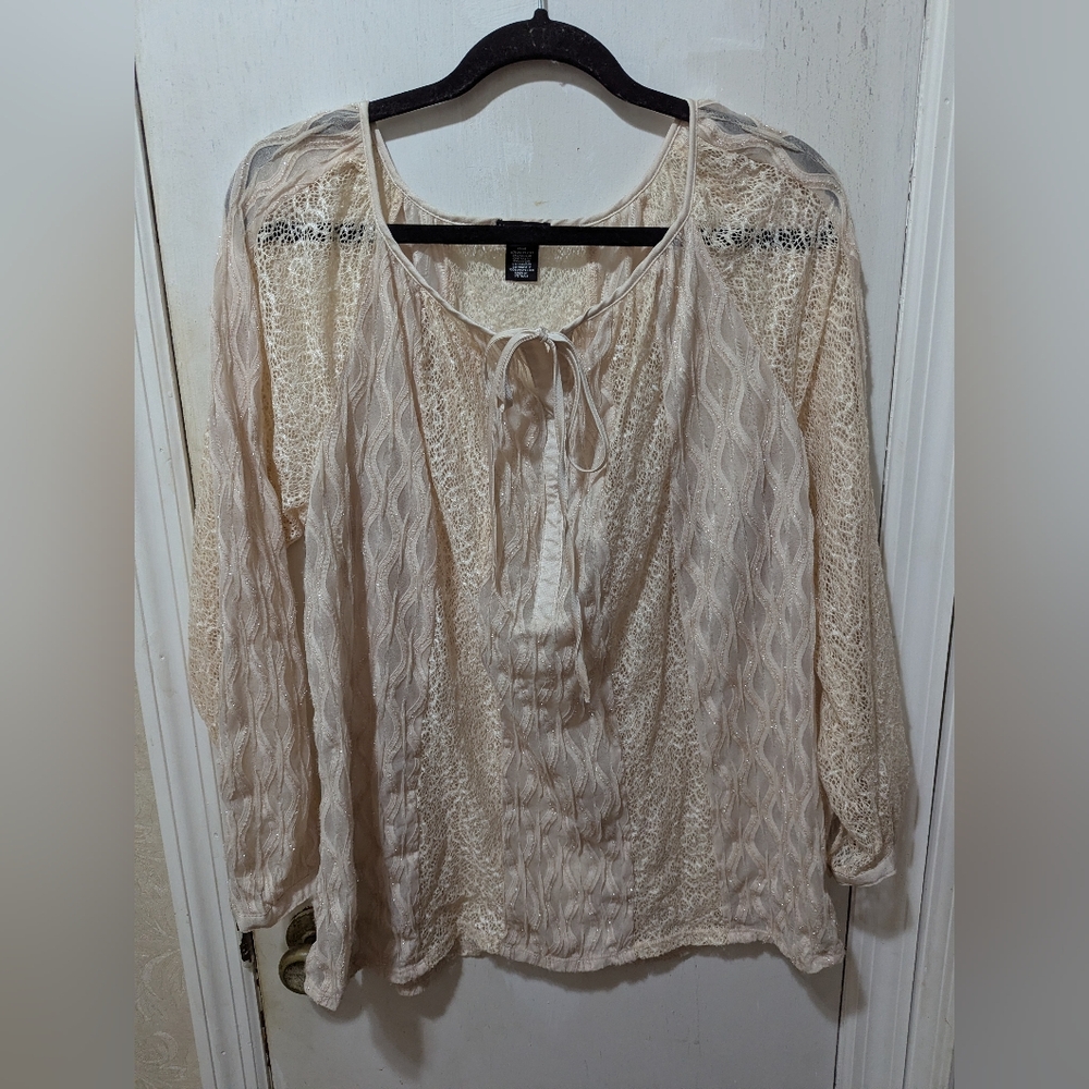 New Directions 2XL Curvy Top Cream Lace & Textured Long Sleeve Blouse